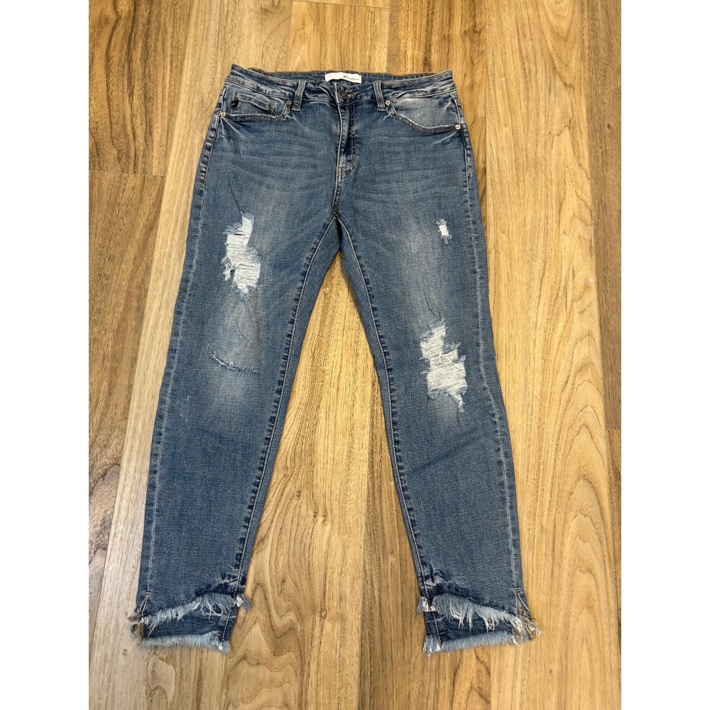 KanCan Distressed Skinny Jeans Medium‎ Wash Released Raw Tulip Hem Size 13/30